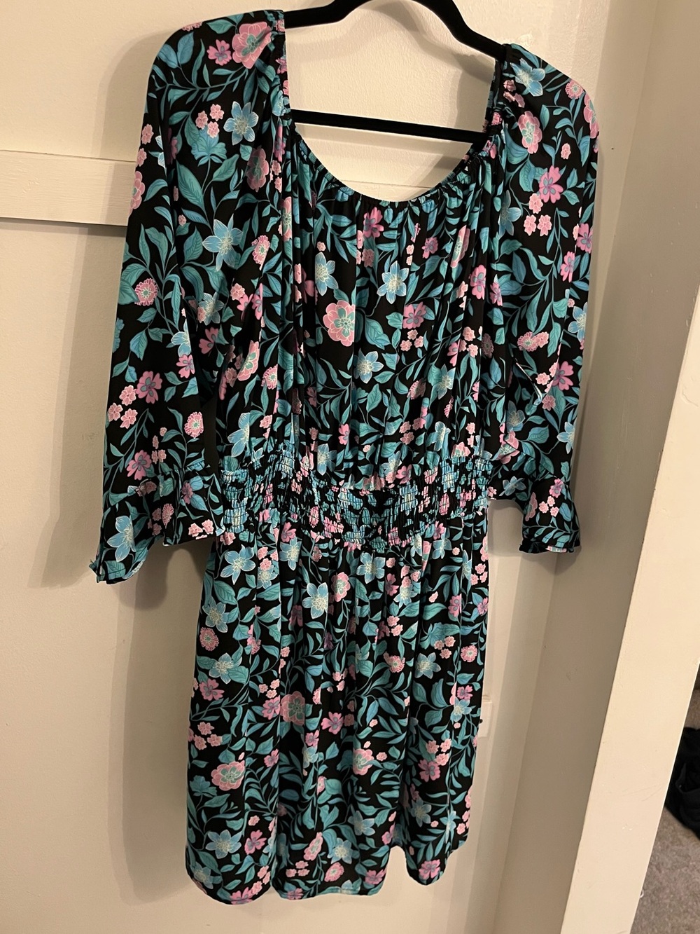 Women's Black Floral Smocked Midi Dress with Pink & Teal Flowers
